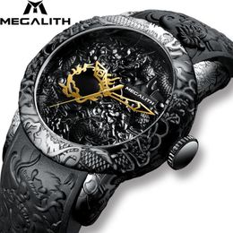 MEGALITH Fashion Gold Dragon Sculpture Watch Men Quartz Watch Waterproof Big Dial Sport Watches Men Watch Top Luxury Brand Clock L308g