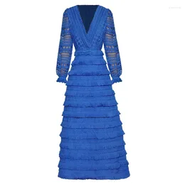 Casual Dresses 2024 Autumn Designer Runway Women Sexy Blue V Neck Lantern Sleeve Hollow Out Tassel Vacation Elegant