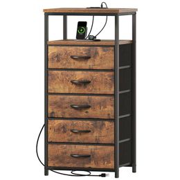 Huuger 5 Charging Station, Dresser Bedroom, Tall Night Stand, Chest of Drawers with Open Shelf, Bedside Table Nightstand, Fabric Dresser, for Entryway, Rustic