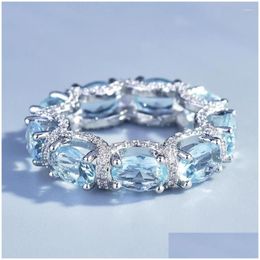 Cluster Rings Fl Blue Crystal Aquamarine Gemstones Diamonds Trendy Lace Edge For Women 18K White Gold Filled Fine Jewellery Bands Drop D Otvfc