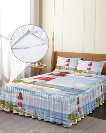 Bed Skirt Lighthouse Island Vintage Watercolor Elastic Fitted Bedspread With Pillowcases Mattress Cover Bedding Set Sheet