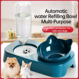 Supplies 2 in 1 Automatic Drinking Fountain Vertical Pet Puppy Cat Food Container Plate Double Bowl Feeder Drinking Bottle Comedero Gato