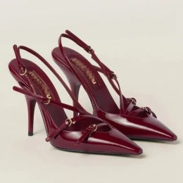 Fashion elegant burgundy stiletto sandals with small square head Joker red sexy Baotou stiletto sandals women.