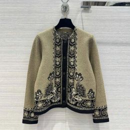 2024 Spring New Women's Round Neck Bow Pattern Jacquard Slim Fit Fashion Casual Olive Green Wool Knitted Cardigan Coat