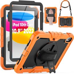 Built-in Screen Protector Hybrid Shockproof Rugged Tough Impact Armor Silicone PC Defender Stand Hand Grip Cases With Strap For iPad Mini 5 6 10th 10.9 Pro 11 Air 4 10.5 10.2