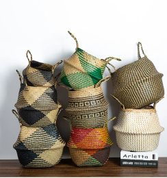 Baskets WHISM Handmade Seagrass Storage Basket Flower Pot Rattan Container Toys Organiser Holder Laundry Basket Home Decor Dropshipping