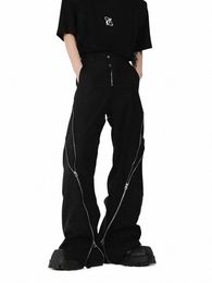 american trendy brand men black zipper design slit slightly flared pants vertical feeling straight casual pants trousers I1rK#