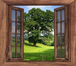 Stickers Free shipping 3D Brown Wooden Window Wall Decal Art Photo waterproof Removable Wallpaper Forest Mural Sticker Vinyl Home Decor