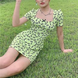 Party Dresses Sweet Butterfly Print Dress With Bandage 2024 Women Summer Square Collar Short Sleeve Strawberry Cottagecore Cute Clothing