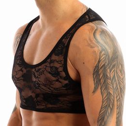 mens Sissy See Through Sheer Lingerie Nightwear Sexy Vest Top Stretchy Floral Lace Short Vest Crop Tops Valentine's Sleepwear k34D#