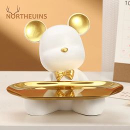 Sculptures NORTHEUINS Nordic Resin Bear Tray Figurines Home Living Room Bedroom Key Storage Decor Ornament Candy Container Animal Statues