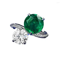 Cluster Rings 2024 S925 Silver 10mm Emerald Round Diamond Cross Border European And American Ins Style