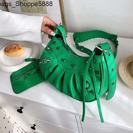 Factory Direct Store Handbag Free Shipping Locomotive Style Rivet Bag Womens 2024 New Fashion Personality Versatile Two in One Month Tooth Pleated Messenger