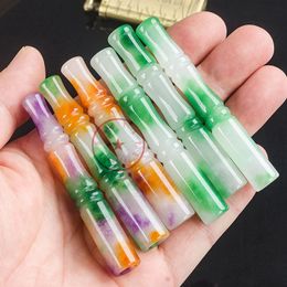 Colorful Natural Jade Gemstones Pipes Tube One Hitter Portable Joint Handle Tobacco Smoking Cigarette Holder Handpipe Filter Mouthpiece Catcher Taster Tip DHL