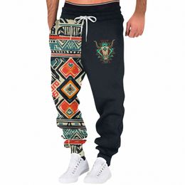 Erkeklerin gevşek büyük boy eşofmanları yeni bahar sonbahar sporları fitn sıradan pantolon katı ekleme etnik baskı çizme pantolonları k0l4#