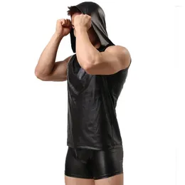 Men's Tank Tops Men Sexy Faux Leather Sleeveless T-shirt Summer Hooded Vest Top Tee Shirt Hoodie Slim Stage Nightclub A50
