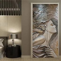 Stickers European Style Door Sticker 3D Stereo Releif Figure Wallpaper Living Room Bedroom Door Poster PVC SelfAdhesive Decal 3D Sticker