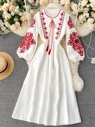 Women Autumn Dresses Bohemian Embroidered Flower ONeck Lantern Sleeve High Waist Pleated Dress Allmatch Female Vestidos PL393 240320