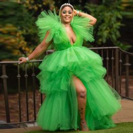 Colorful 2024 Lush Green Tulle Prom Dresses Ruffles Tiered Long Split Evening Gowns Party Dress To Birthday Plus Size