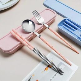 Dinnerware Sets 2/3PCS Portable Stainless Steel Tableware Spoon Fork Chopsticks With Box Children Students Travel Kitchen Accessories