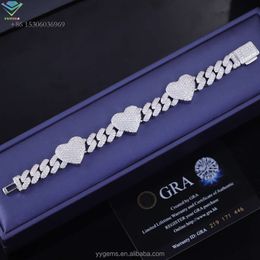 New Fashion Heart Shape Mossanite 8Mm 10Mm 12Mm S Sier VVS Moissanite Cuban Link Chain Bracelet