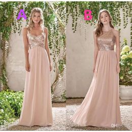 Ouro lantejoulas rosa brilhante dama de honra longo chiffon halter uma linha alças babados pérola rosa dama de honra vestidos de casamento convidados