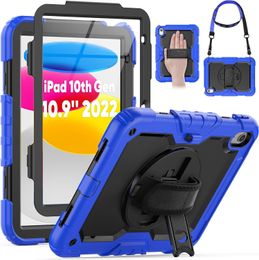 Built-in Screen Protector Hybrid Shockproof Rugged Tough Impact Armour Silicone PC Defender Stand Hand Grip Cases With Strap For iPad Mini 5 6 10th 10.9 Pro 11 Air 4 10.5 10.2