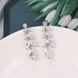 Dangle Earrings 2024 Fashion Leaf Zircon Drop For Women White Gold Color Crystal Wedding Bridal Jewelry Gift Brinco