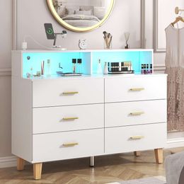 Knoworld White 6 Drawer Bedroom, Nursery Chest of Drawers with LED Light and Power Outlet, Tall Wide Dresser for Organiser Cabinet Bedroom,living Room,hallway,