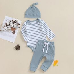 Clothing Sets Born Baby Boy Girl Outfits Long Sleeve Striped Ribbed Knitted Romper Pants Hat 3Pcs Infant Fall Winter Clothes