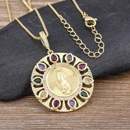 Nidin High Quality Zircon Virgin Mary Inlaid Rainbow Water Drop Shiny Rhinestone Pendant Necklace Unisex Religious Jewelry Gifts 240315