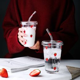 Cup with lid, glass cup, straw, water cup for women's household, portable straw cup, juice cup