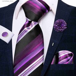 Neck Ties Neck Ties Striped Purple White Tie With Brooch Silk Elegent Necktie For Men Handky Cufflink Fashion Wedding Business Party Hi-Tie Designer Y240325