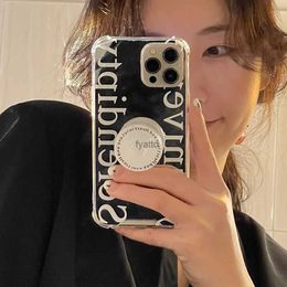 Cell Phone Cases Korean Cute Mirror English+ 3D Ring Bracket Phone Case For iPhone 15 14 13 12 11 Lovely Shockproof Bumper Back Cover Funda H240326