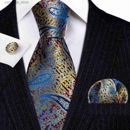 Neck Ties Designer Silk Tie for Mens Gold Blue Red Multie Colour Paisley Striped Necktie Handkerchief Cufflinks Set Wedding BarryWang 6315 Y240325