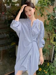 Casual Dresses LANMREM Korean Style Striped Women's Dress Lapel Irregular Designer Gathered Waist Fashion 2024 Spring CP1919