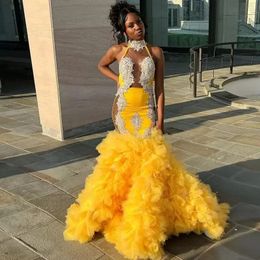 Sexy African Girls Yellow Mermaid Prom Dresses Sexy Sheer Halter Neck Appliques Beads Tier Ruffles Tulle Skirt Evening Party Gowns Celebrity Dress 2024