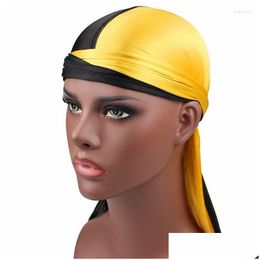 Bandanas Durag luksus męsku jedwabna patchwork Durarag Turban Hat Satynowy rowerem na głowę Akcesoria do włosów upuść dostawa moda ha dhwn4