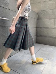 Skirts Korean Style Preppy Fashion Vintage Plaid Summer Women Midi Skirt High Waist Pleated A-line Temperament Loose Y2K