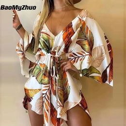2024 Summer Beach Elegant Women Dresses Sexy V Neck Laceup Floral Print Mini Dress Casual Flared Sleeves Ladies Party Dress 240323
