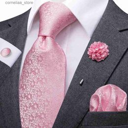 Neck Ties Neck Ties Pink Solid Floral Mens Necktie Luxury 8.5cm Wide Silk Wedding Tie Pocket Square Cufflink Set Brooch Gift For Men Hi-Tie Designer Y240325