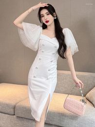 Party Dresses Elegant Fashion Midi Dress Women Sweet Celebrity Sexy White Black Mesh Sleeve Double Breasted Bodycon Slit Robe Vestidos