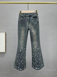 Women's Jeans Beads Rhinestones For Women 2024 Trendy Spring Elastic High Waist Slim Fit Slimming European Fashion Bootleg Pants