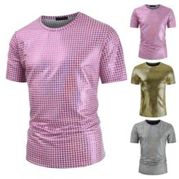 Men's T Shirts Men Slim Fit T-shirt Glossy Checkered Party Shirt For Nightclubs Festivals O Neck Short Sleeves Clubbing