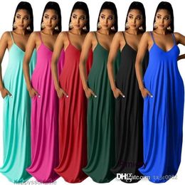 Summer Women Casual Loose Dresses XXXL Designer Sling Sexy One Piece Skirt Long Maxi Dress With Pocket Ladies Plus Size Clothing