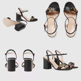 Summer Classic High Heel Sandals Designer Sexy Shoes 7cm Womens Metal Belt Buckle Thick Mainstream Shoes 35666