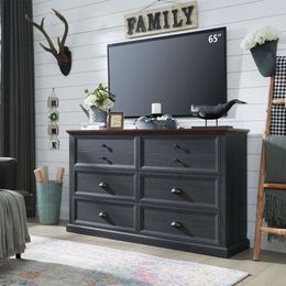 Sincido Farmhouse Bedroom, 6 Drawers Organiser Storage, Wood Rustic Tall Dresser Chest of Drawer for Closet, Living Children's Room, Dark Grey