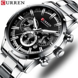 CURREN Luxury Fashion Quartz Watches Classic Silver and black Clock Male Watch Men's Wristwatch with Calendar Chronograph309T