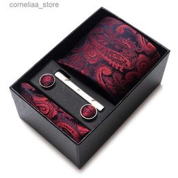 Neck Ties Neck Ties 65 Colors Fashion Tie Handkerchief Set Tie Clip Necktie Box Mans Shirt Dark Red Accessories Men Wedding Holiday Gift Y240325