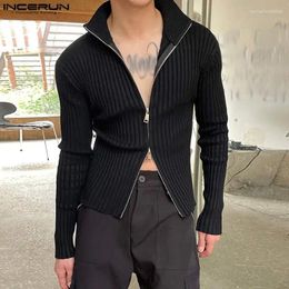 Men's T Shirts INCERUN 2024 Men Solid Knitted Zipper Turtleneck Long Sleeve Casual Clothing Streetwear Autumn Fashion Tee Tops